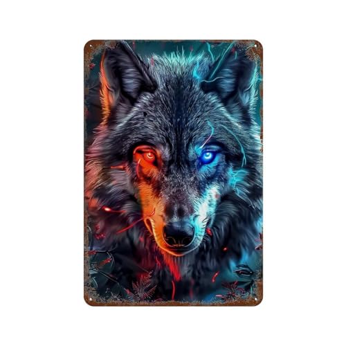 Image of Wolf Eyes Red Vs Blue Weathered Tin Sign 11.8"x7.9", Rustic Home Decor for Garage, Pub Or Kitchen