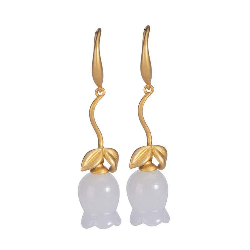 Boucles d'oreilles en jade blanc véritable et convallaria de style chinois - 8
