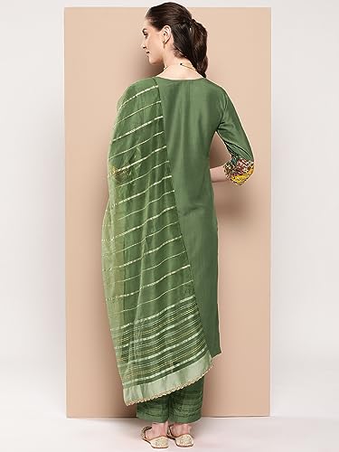 Image of INDO ERA Women's Cotton Blend Embroidered Straight Kurta Pant With Dupatta Set (23Aug271)