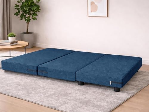Image of Leg Sofa Cum Bed Single Seater | Foldable Floor Sofa Bed with Jute Fabric | Space Saving Convertible with Sturdy Legs for Living Room & Guest Room - (Blue Color - Pre-Assembled)