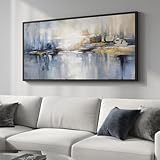 Framed Extra Large Blue Abstract Wall Art for Living Room, Modern Canvas Prints Painting Artwork for...