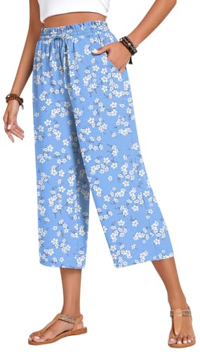 Image of Anyhold Women's Capri Pants Drawstring Casual Palazzo Trousers with Pockets Loose High Waisted Wide Leg Lounge Pants