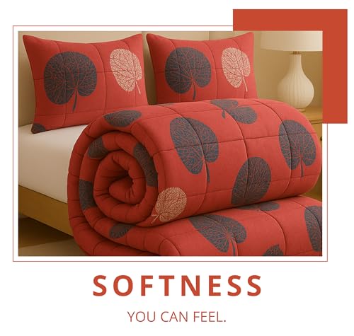 Image of BSB HOME Premium Microfiber Printed Double Bed Comforter with 2 Matching Pillow Covers | All-Season Reversible AC Blanket for Winter & Summer | Soft & Lightweight Quilt for Double Bed - Brick Pink
