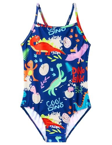 Image of Girls Swimsuit Size 6-7 Years Old Blue Cartoon Dinosaur One Piece Sleeveless Swimwear UV 50+ Swimming Wear