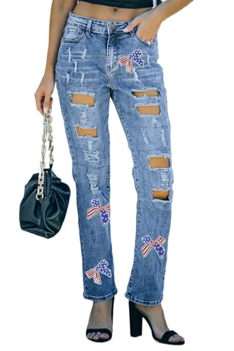 Women’s Light Blue Distressed Jeans with Sequin Bow and American Flag Pattern
