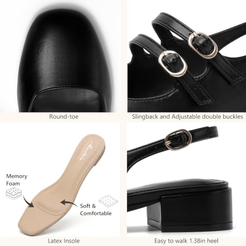 Image of Mostrin Mary Jane Shoes Women Slingback Chunky Low Heels for Women Closed Rounded Toe Ankle Strap Pumps Daily Wedding Party Dress Shoes