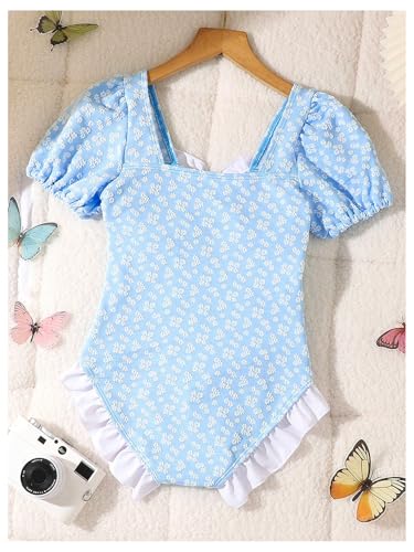 OYOANGLE Girl's One Piece Swimsuits Cute Floral Short Sleeve Ruffle Bathing Suits Beachwear3