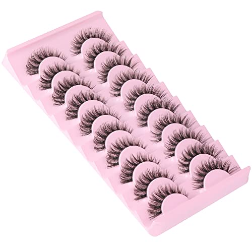 Cat Eye Lashes Natural Look False Eyelashes Angle Wing Mink Lashes Wispy Fluffy Clear Band Lashes Pack 10 Pairs 17Mm Fake Eyelashes #TOP1