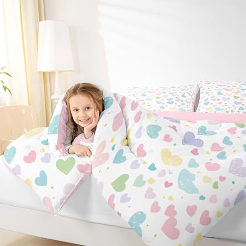 Image of Erosebridal Cute Heart Queen Comforter Set Valentine Love Heart Bedding Set for Kids Teens Rainbow Hand Drawn Style Comforter Cartoon Geometric Duvet Insert