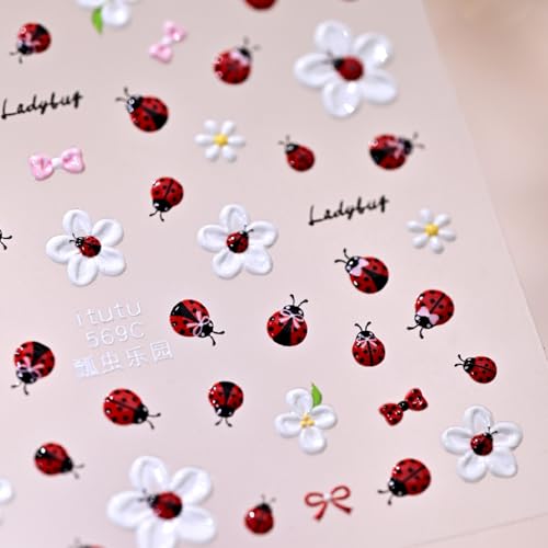 Image of Ladybug Nail Stickers for Nail Art Spring Floral Nail Decals Self Adhesive Design DIY Manicure Charms Supply Decoration Accessories for Women