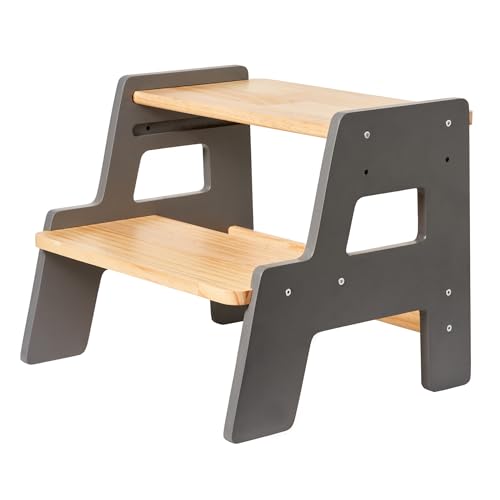 Image of Toddler Step Stool for Kids - Height Adjustable Non-Slip Wooden Step Stool for Bathroom Sink, Kitchen & Potty Training 2-Step - Grey