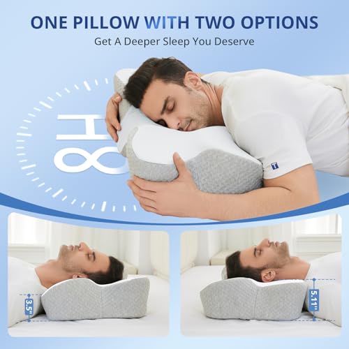 JOLLYVOGUE Cervical Neck Pillow for Pain Relief Memory Foam Side Sleeper Pillow with Cooling Pillowcase, Ergonomic Design for Back Stomach Sleepers, Medium, White