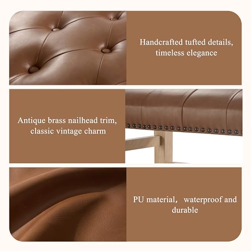 GDFStudio 48" Rectangle Ottoman Coffee Table with Storage Shelf, PU Tufted Upholstered Foot Rest for Couch with Nailhead Trim & Solid Wood Legs, Large Ottoman Bench for Living Room Bedroom, Brown by GDFStudio - Used condition - Image 7