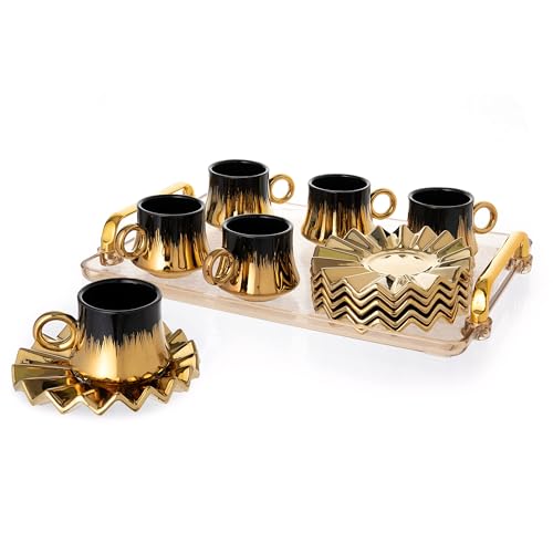GLOXZY Turkish Coffee Cup Set of 6 with Saucers & Tray - Luxury Arabic Greek Japanese Marble Ceramic Tea Cups for Espresso Cappuccino Latte Mocha, Ideal Gift - 6.7oz, Black Gold