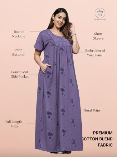 Image of 9shines Label Stylish Cotton Blend Embroidered Maxi Nightdress for Women with Pocket| Full Length Nightwear| Premium Nightdress| Comfortable Nightwear(5256)