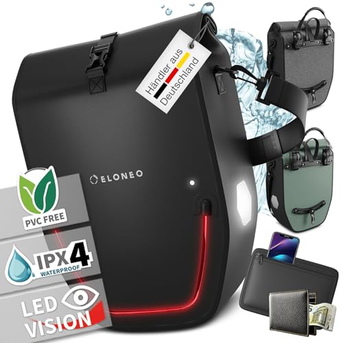 ELONEO Fahrradtasche für Gepäckträger mit LED Licht, 20L - 100% wasserdicht mit Tragegriff und Schultergurt, Fahrradtasche Gepäckträger, Fahrrad Gepäckträgertasche, schwarz