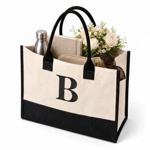 Image of Salt Earth Canvas Tote Bag for Women, Personalized Initial Monogram Tote, Beach Grocery Utility Tote for Travel & Work