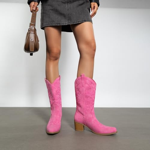 Image of DREAM PAIRS Women's Western Mid Calf Boots Cowboy | Square Toe Chunky Embroidered Boots, Suitable for Music Festivals and Everyday Outfits, Slip on Fashion Booties