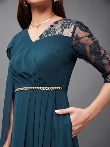 Image of Miss Chase Women's V-Neck Full Sleeve Self Design Lace-Overlaid Georgette Maxi Dress