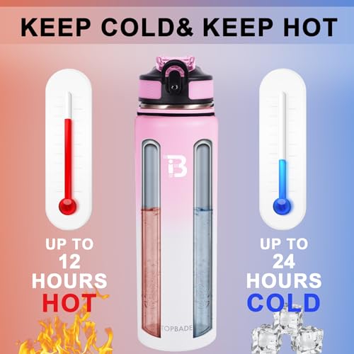 Image of TOPBADE 32oz Insulated Water Bottle with Straw Lid & Spout Lid & Paracord Handle, Stainless Steel Water Bottle Wide Mouth, Double Wall for Women Men Gym Fitness Outdoor