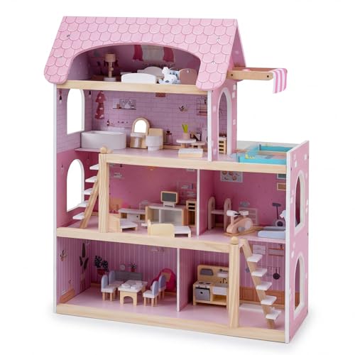 COSTWAY Casa de Muñecas Madera, Casita de Muñecas para Niñas DIY con 33 Muebles y Accesorios, Casita de Muñecas Infantil, Juguete de Casa DIY con 4 Pisos para Niñas de 3+ Años, 63 x 25 x 78 cm (Rosa)
