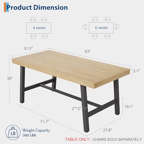 Image of GarveeHome Industrial Dining Table for 4-6 People, 63 inch Long Large Kitchen Table with Sturdy Metal Frame, Rectangular Counter for Dinner, Kitchen, Dining Room (Natural, 63 inch Non-extendable)