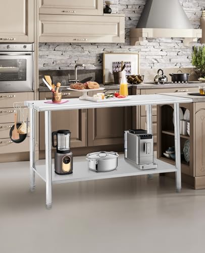 NSF Stainless Steel Prep Table, 60x24 in Heavy Duty Work Table with Adjustable Undershelf, Detachable Trash Bag Holder, Metal Workbench Workstation for Home Kitchen Restaurant