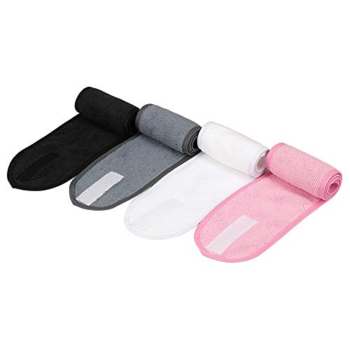 Jaciya Spa Headband Facial Makeup Headband Head Wrap Terry Cloth Towel with Magic Tape Face Wash Headbands for Women, 4 PCS (Black, White, Pink, Grey)