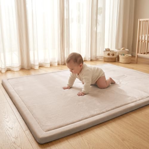 Image of ACOMOPACK Baby Play Mat for Floor 1.3 inch Thick Memory Foam Play Mat 71 inchx79 inch Tummy Time Crawling with Non-slip Bottom for Living Room,Nursery,Soft Velvet Playpen Mats for Kids,Infants(Beige)