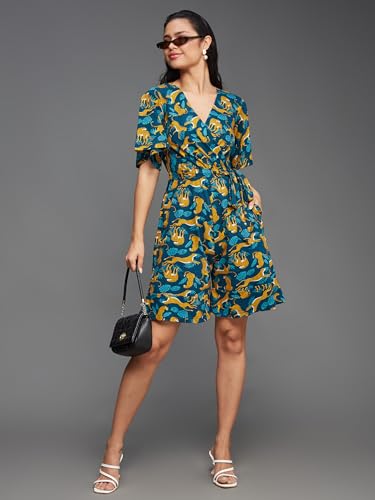 Image of Miss Chase Women's V Neck Half Sleeve Conversational Printed Wrap Knee Long Playsuit