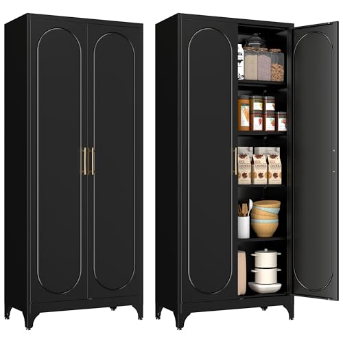 Polup Pantry Cabinet, 75 Inch Tall Kitchen Storage Cabinet, Metal Pantry Cabinets with Doors and Adjustable Shelves, Black Freestanding Food Cupboard for Living, Dinning Room-Assembly Required