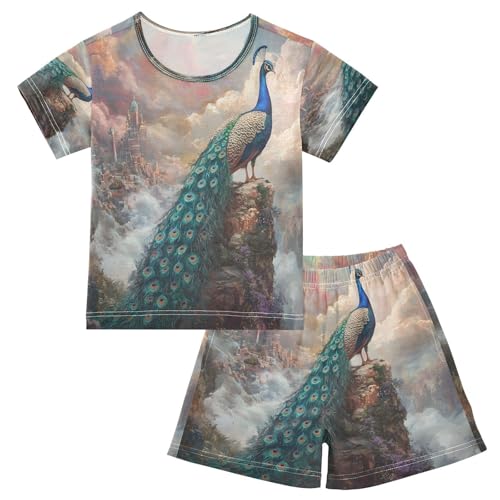 ALAZA Peacock Cloud Bird Castle Pajamas Set Short Sleeve Cotton Sleepwear Summer Pjs 2 Piece 5-14Y