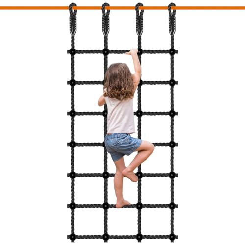 BeneLabel Kletternetz Kinder, 196 x 76cm Klettergerüst Netz Kinderzimmer Netz Nylonseil Leiter Spielturm Sicherheitsnetz für Kletterwand/Schaukelsetz/Baumhaus/Hindernisparcours, Schwarz