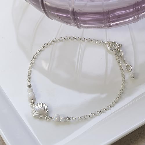 Adita Gold 925 Sterling Silver White Opal Bracelets For Women - 3Mm Round Beads With Sea Shell Sterling Silver Charm thumb #3