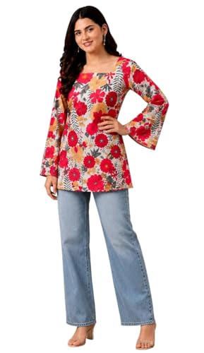 Image of SONISHA Women's Rayon Floral Print Short Kurti for Women Elegance Square Neck, Long Sleeves with Style Criss Cross Back Kurti, Top for Office Wear, Casual, Outdoor