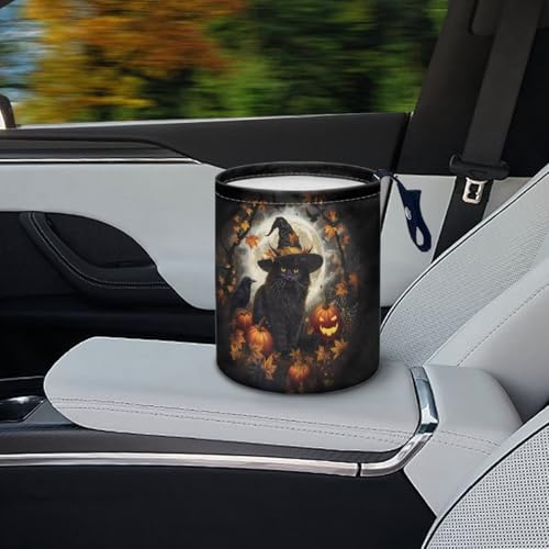 Image of Halloween Black Cat Pumpkin Collapsible Portable Trash Can for Car Front Seat, Back Seat, Floor, Headrest Rubbish Bin