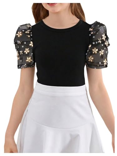 Girl's Floral Embroidery Mesh Tops T Shirt Puff Sleeve Crew Neck Slim Fit Elegant Summer Tees