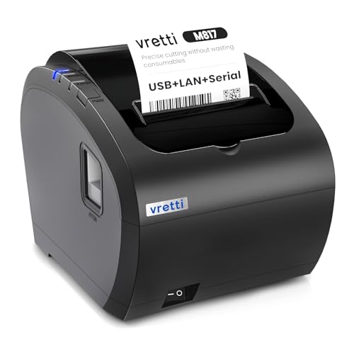 vretti Impresora de Recibo Térmica, Tikitera 80mm con Cortador de Velocidad Alta de 300 mm/s ESC/POS USB/Serial/LAN Compatible con Windows/Mac