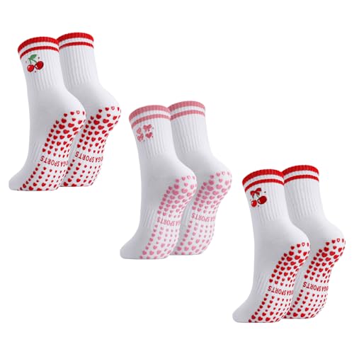 Image of Jspupifip 3 Pairs Cute Pilates Socks with Grips for Women Non Slip Yoga Grippy Socks Embroidery Cherry Athletic Crew Sock for Barre Ballet Barefoot Workout Hospital