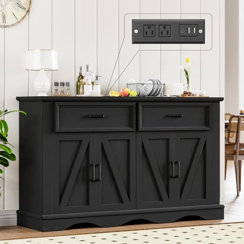 56" Large Wooden Buffet Cabinet with Storage, Modern Coffee Bar and Wine Bar, Wave Base Design, Multi-Purpose Buffet Table with Charging Station for Dining Room, Kitchen or Living Room, Black