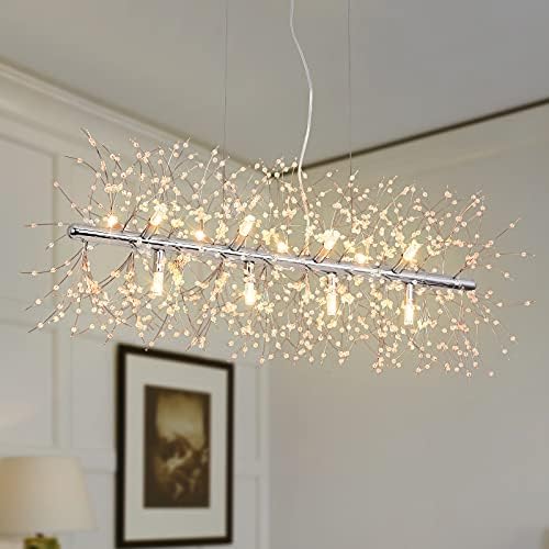 Modern Chandeliers Firework, 12-Light LED Crystal Pendant Lighting, Crystal Dandelion Chandelier Stainless Steel Hanging Light Fixture for Kitchen Island Dinner Room Restaurant Bedroom L35.4"(Chrome)