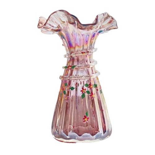Vintage-Style Hand-Painted Glass Vases, Pink Floral Design, Ruffled Edge, Decorative