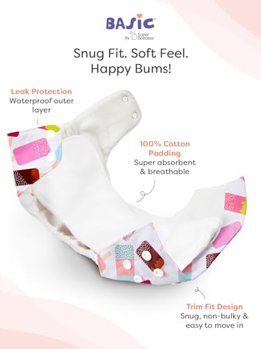 Image of SuperBottoms BASIC Cloth Diaper Starter Kit - Washable Reusable Baby Diaper with Quick Dry Pads, Universal Booster, 100 Disposable Diaper Liners & 99% Pure Water Baby Wipes (pack of 40) | 3m - 3y