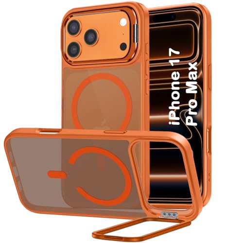 Image of TheGiftKart Hybrid Matte Frosted Back Cover Case for iPhone 17 Pro Max Compatible with MagSafe | Built-in Stand | Shockproof Hard Back Cover Case for iPhone 17 Pro Max (PC & TPU, Translucent Orange)