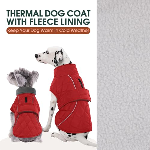 Kuoser Hundemantel Wasserdich Winterjacke für Große Hunde, Warmer Hunde Mantel mit Fleece, Reißverschluss-Leinenöffnung, 2XL Rot