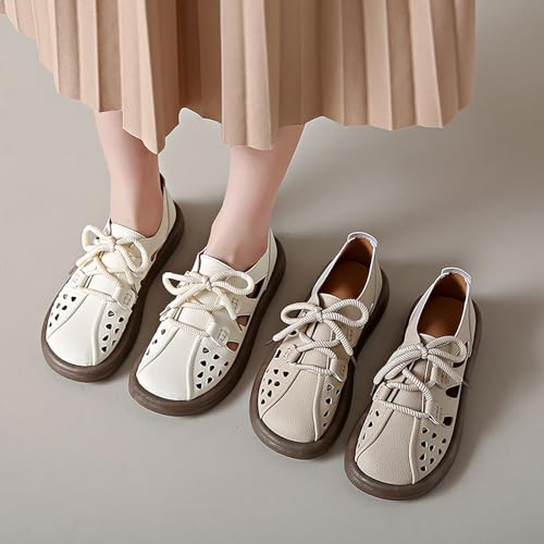 Image of Women's Leather Lace Up Cutout Loafers Soft Platform Lightweight Closed Toe Breathable Outdoor Walking Sandals Casual Wide Round Toe Anti-Slip Comfort Slip On Oxfords