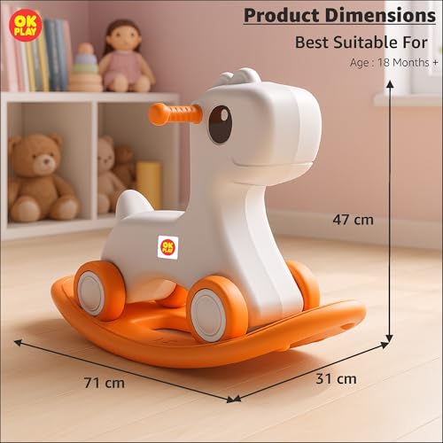 Image of OK PLAY 3 in 1 Pony Rocker Combo for Kids | Push On Ride On | Balancing Board | Backrest | Easy Grip | Anti Skid | Four Wheel | Indoors and Outdoors Games | Light-Weight | Orange & Ivory | 1 Year+