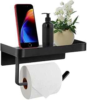 Darnall Toilet Roll Holder with Shelf, SUS304 Stainless Steel in Black 2 Installation Options Self Adhesive or Wall Mounted, Toilet Paper Holder for Bathroom, Bedroom & Kitchen