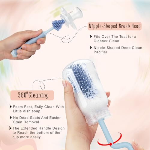 Image of TONY STARK Baby 360 Rotating Silicone Bottle Cleaning Brush & Nipple Cleaner - Ergonomic Handle, Flexible Bristles for Deep Cleaning Narrow & Wide Neck Feeding Bottles (Blue)