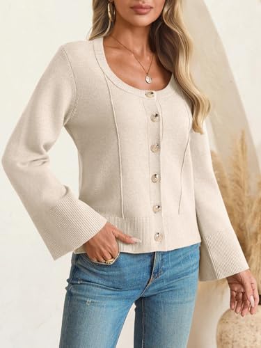Image of Saodimallsu Womens Bell Sleeve Cardigan Sweaters Button Down Long Sleeve Fall Trendy Sweaters 2025 U Neck Knit Outwear